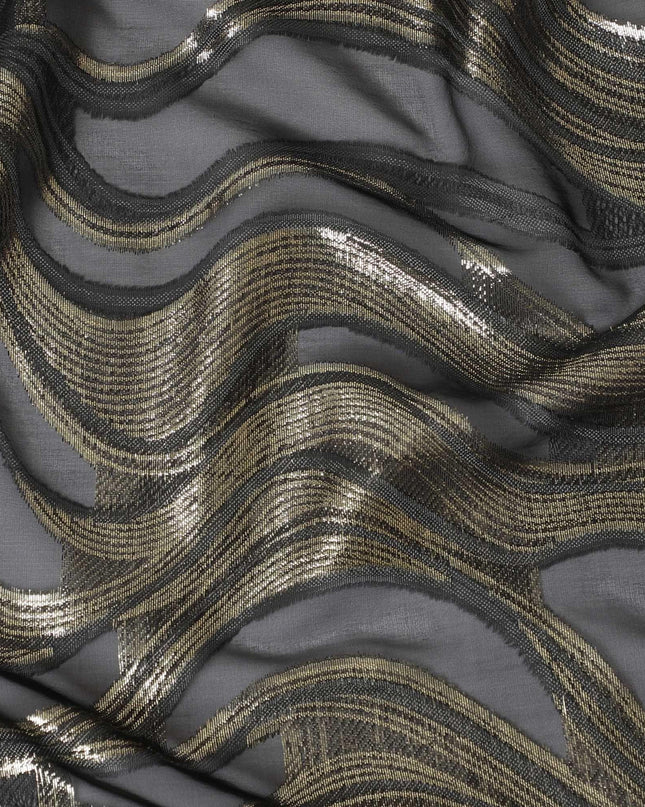 Black Premium pure French (Fransawi) silk chiffon fabric with grey viscose and gold metallic lurex in abstract design-D14272