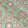 Turquoise green premium pure Italian silk satin fabric with multicolor print in floral design-D13742