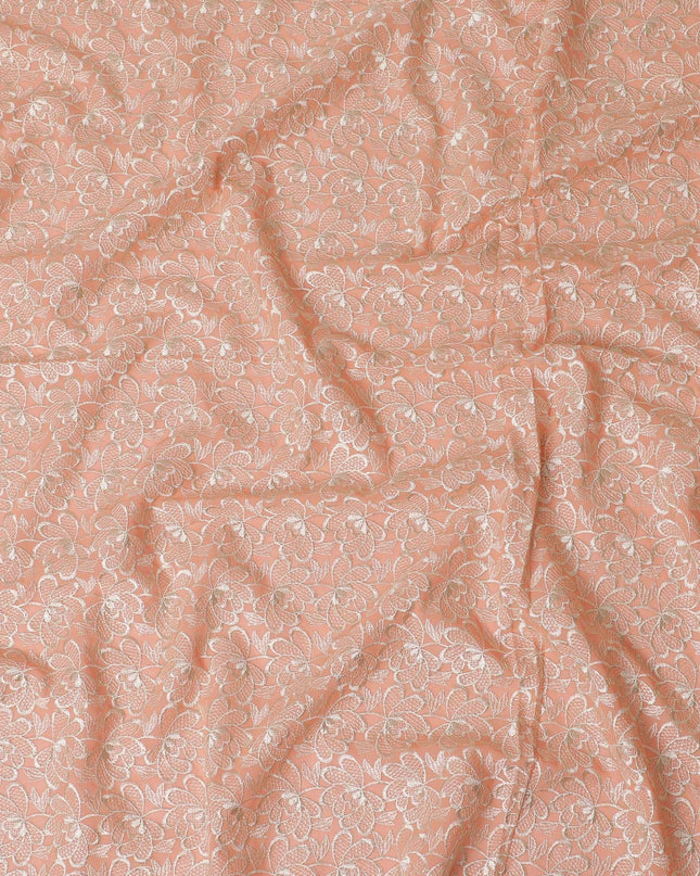 Peach cotton voile fabric with beige embroidery in floral design-D11948