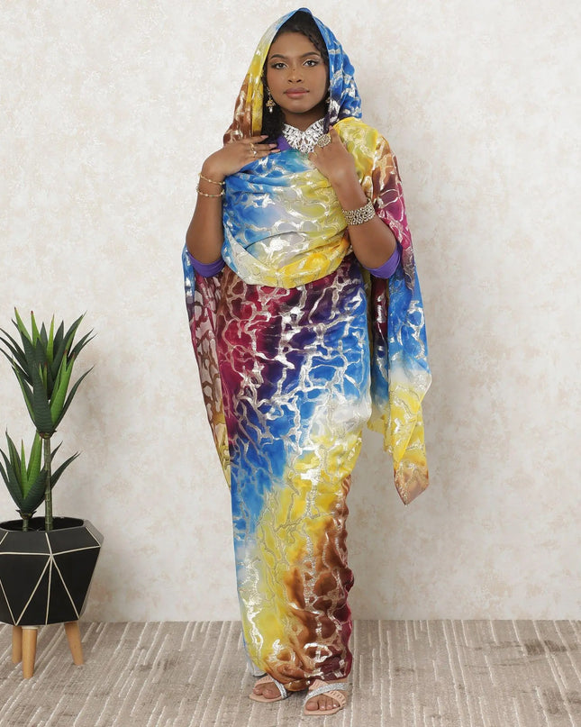 Multicolor Premium pure silk chiffon thobe with gold metallic lurex in fancy design-D11637 Regal Fabrics