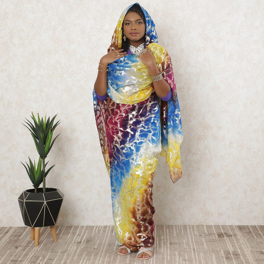 Multicolor Premium pure silk chiffon thobe with gold metallic lurex in fancy design-D11637