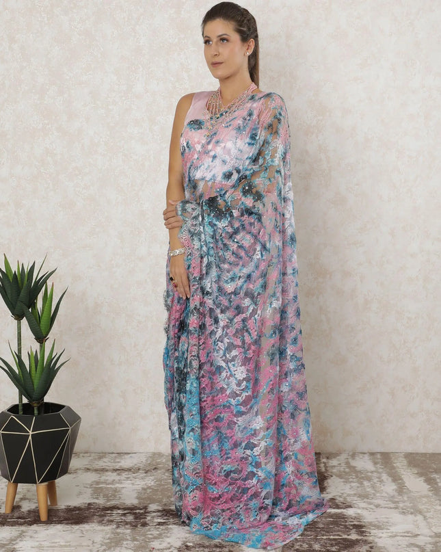 Multicolor Premium Pure French chantilly saree lace having stone work in floral design-D12574 Regal Fabrics