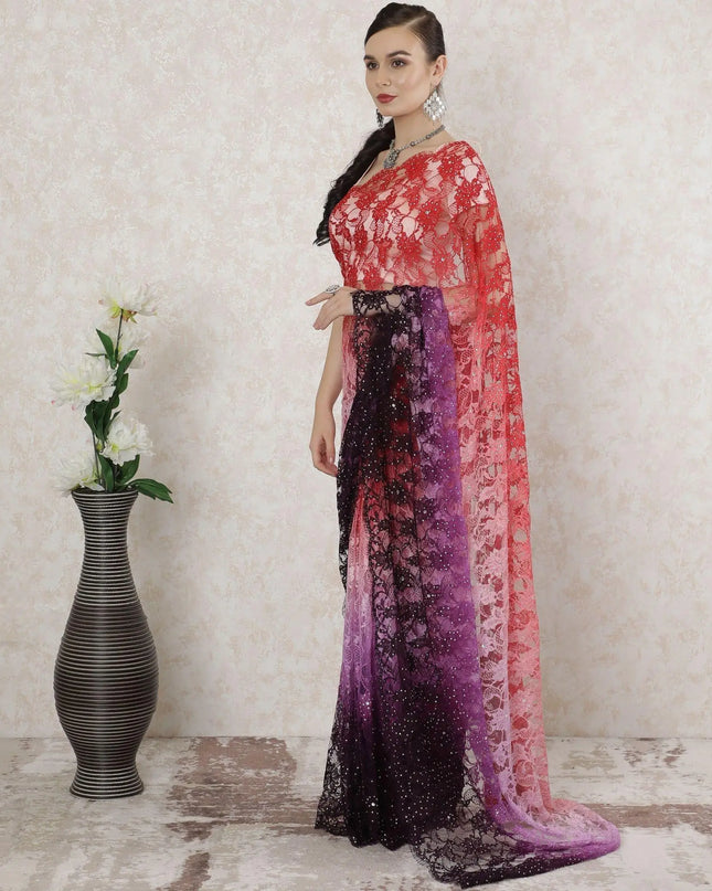 Multicolor Premium pure French chantilly lace saree having stone work in floral design-D14520 Regal Fabrics