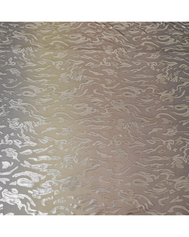 قماش شيفون حريري فرنسي (فرنساوي) أخضر زيتوني، أصفر، بني فاخر مع لوركس معدني فضي بتصميم فاخر-D8272