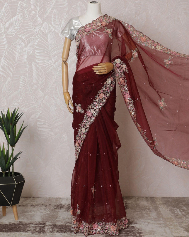 Marron Premium silk organza saree with multicolor embroidery having gold bead work, applique work and sequin work in floral design-D15594