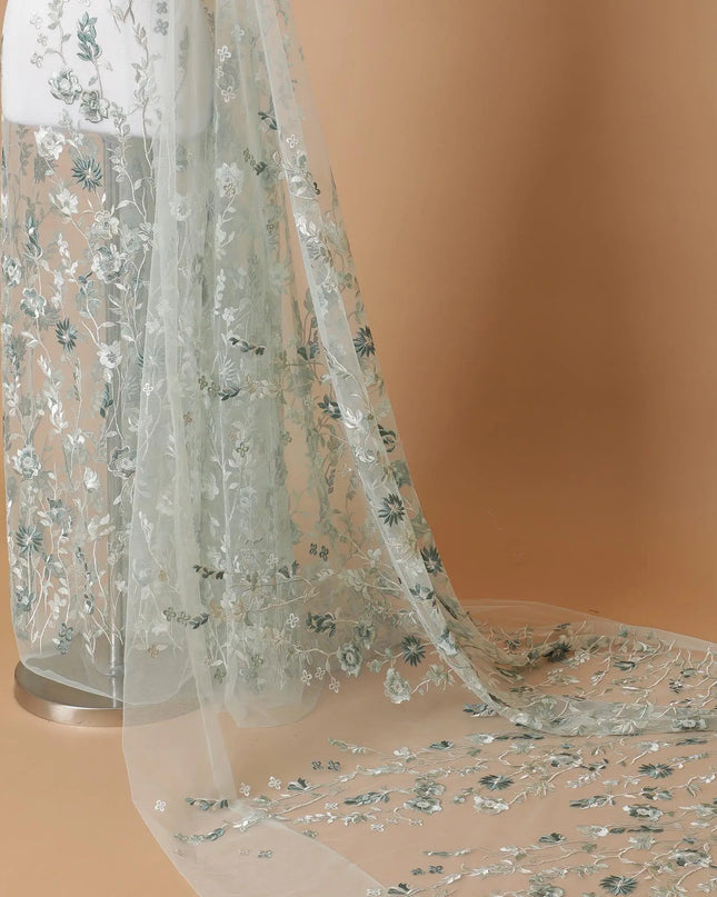 Tea green Premium wedding nylon tulle fabric with same tone, sage green, beige embroidery in floral design-D7918 Regal Fabrics