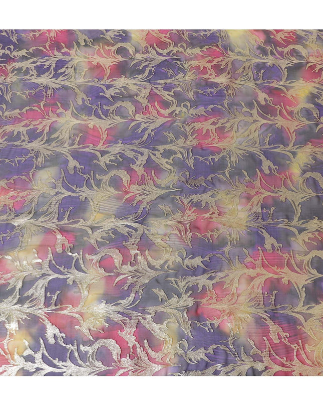 شيفون من الحرير الخالص متعدد الألوان مع لوريكس معدني ذهبي بتصميم أوراق الشجر -D11383