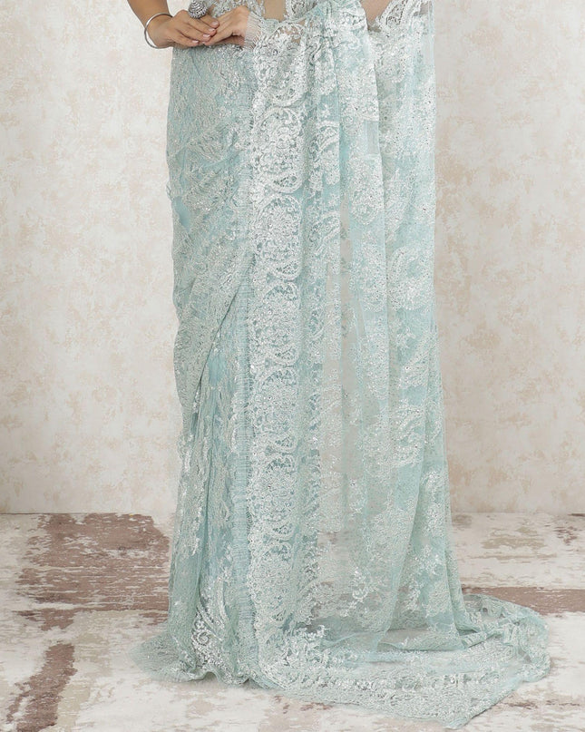 Light blue Premium Pure metallic French chantilly saree lace having stone work in floral design-D13465