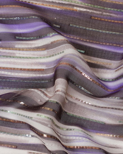 Blue premium pure silk chiffon fabric with gold and silver metallic lurex in stripe design-D13980