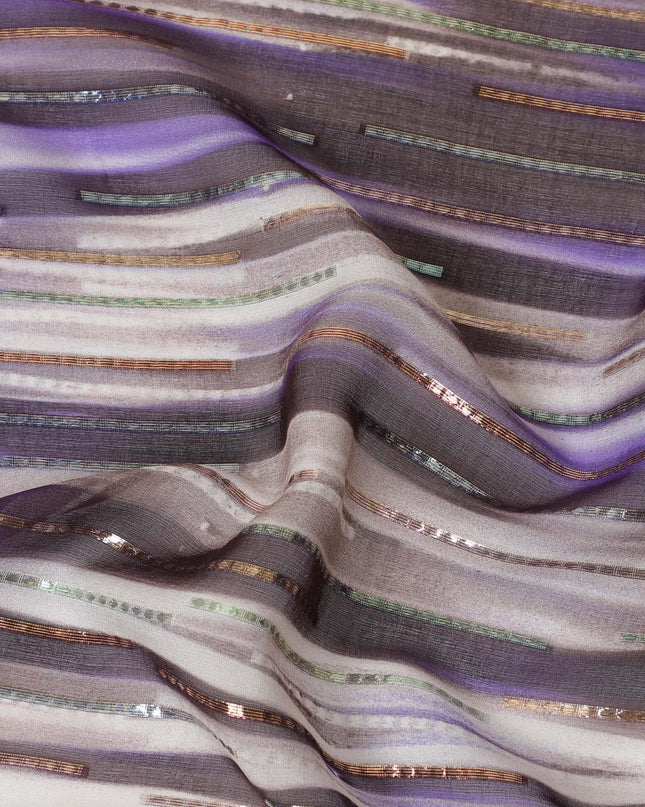 Blue premium pure silk chiffon fabric with gold and silver metallic lurex in stripe design-D13980