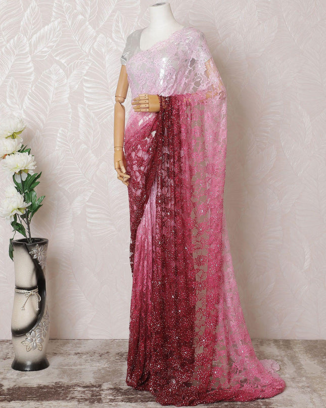 Light pink to maroon premium pure French chantilly lace saree having stone work in ombre design-D14899
