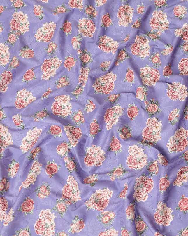 Purple uragiri cotton voile fabric with same tone jacquard having multicolor print in floral design-D10053